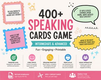 May include: A 400+ speaking cards game for intermediate and advanced learners. The graphic features colorful speech bubbles with questions like Do you prefer to read physical books or e-books? and What is the most expensive thing you have ever bought?