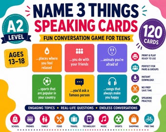 Name 3 Things Speaking Cards | ESL Conversation Cards for A2 Teens | 120 Printable Speaking Prompts | No Prep PDF