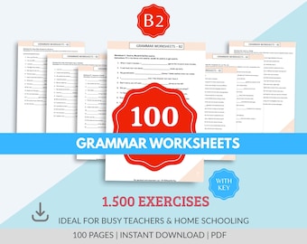 Engelse grammaticawerkbladen met antwoorden | Bundel met B2 ESL-oefeningen voor gevorderden | Digitale pdf-download | Engels voor volwassenen en tieners