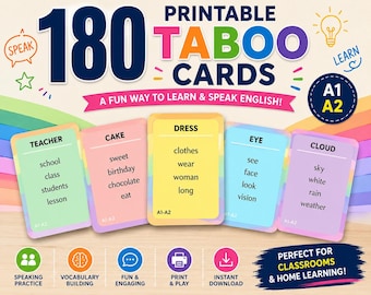 180 Forbidden Words Game for Adults and Teens | Family Game | Taboo Cards Game for Beginners | Speaking Activity | Digital Download PDF