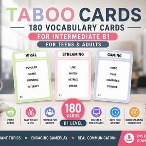 180 Forbidden Words Game for Adults & Teens | ESL Teacher Resource | Taboo Cards Game B1 | Speaking Activity | English Fluency | Digital PDF
