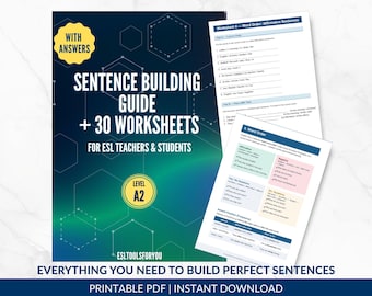 ESL Sentence Building Bundle A2 | Reference Guide + 30 Worksheets & Answer Key | Grammar Practice for Teens and Adults| Printable PDF