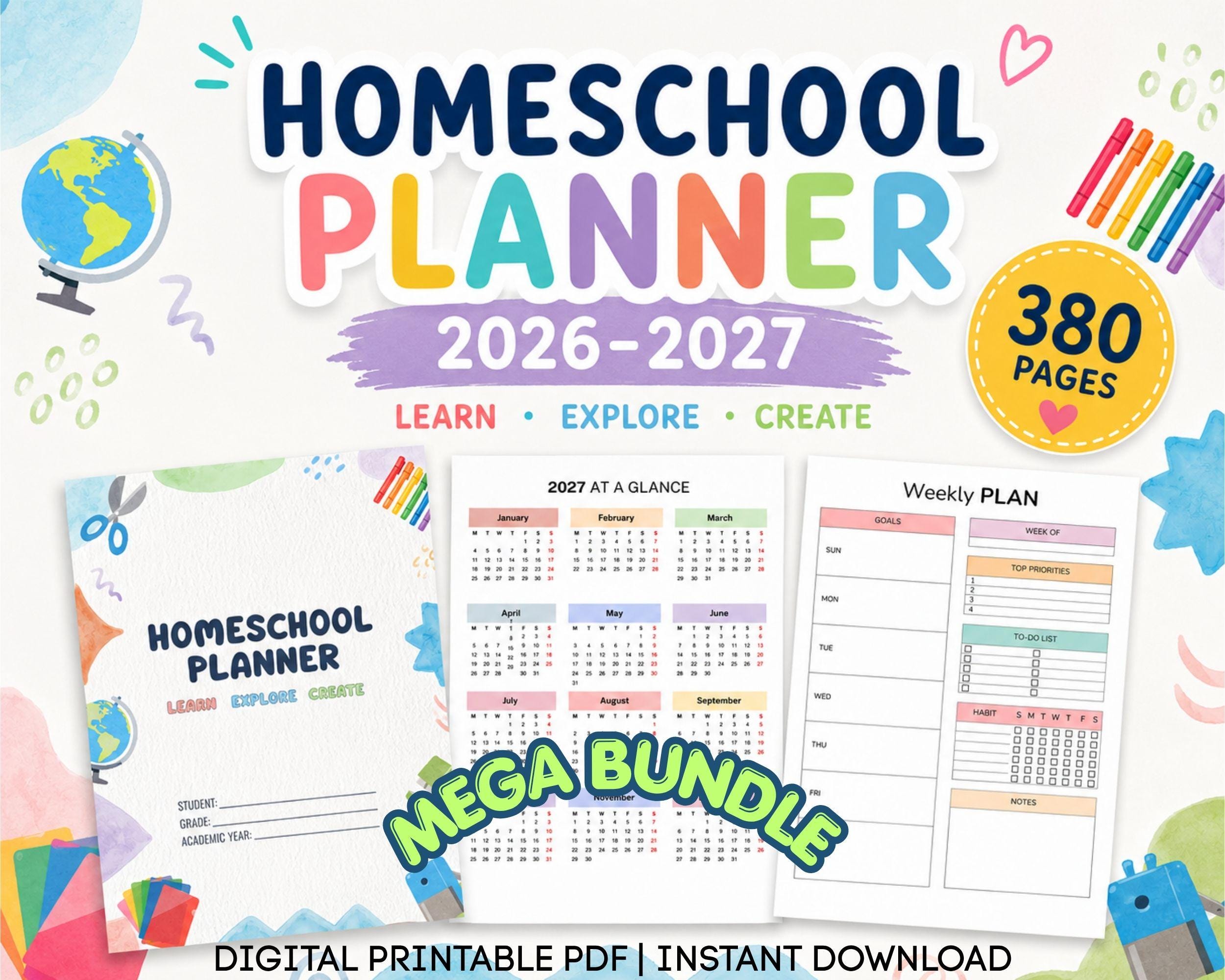 Homeschool Planner 380 Forms Curriculum & Lesson Planner Attendance Tracker Homeschool Organizer 2026-2027 Calendar Printable PDF