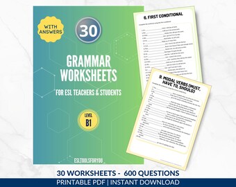 30 English Grammar Practice Worksheets B1, Pre-Intermediate Exercises, ESL Printable PDF for Teachers and Homeschool, Answer Key Included