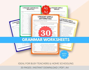 30 werkbladen Engelse grammaticaoefening A1 A2, oefeningen voor beginners, ESL afdrukbare pdf voor docenten en thuisonderwijs, inclusief antwoordsleutel
