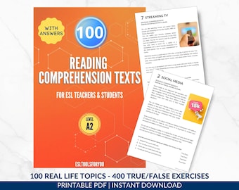 Reading Worksheets | 100 Beginner A2 English Comprehension Texts w/ Questions and Answers | ESL Teaching Materials | Instant Download PDFs