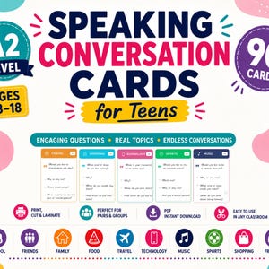 May include: A set of 90 A2 level speaking conversation cards for teens, featuring engaging questions on travel, shopping, technology, sports, and music. The colorful design includes icons for school, friends, family, food, travel, technology, music, sports, shopping, and free time.