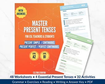 Present Tenses A2-B1 Grammar Workbook | 4 English Tenses | ESL Printable PDF | Grammar Exercises | Answer Key | EFL Teacher Resource