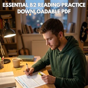 May include: A digital document titled ESSENTIAL B2 READING PRACTICE DOWNLOADABLE PDF, featuring a person in a dark green hoodie writing on a printed page with a pen and yellow highlighter at a desk with a lamp, mug, and open book.