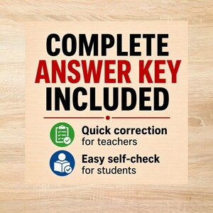 May include: A square sign with a light wood grain background featuring the black and red text COMPLETE ANSWER KEY INCLUDED. Below this, a green icon shows a clipboard with a checkmark for teachers, and a blue icon shows a person reading for students.