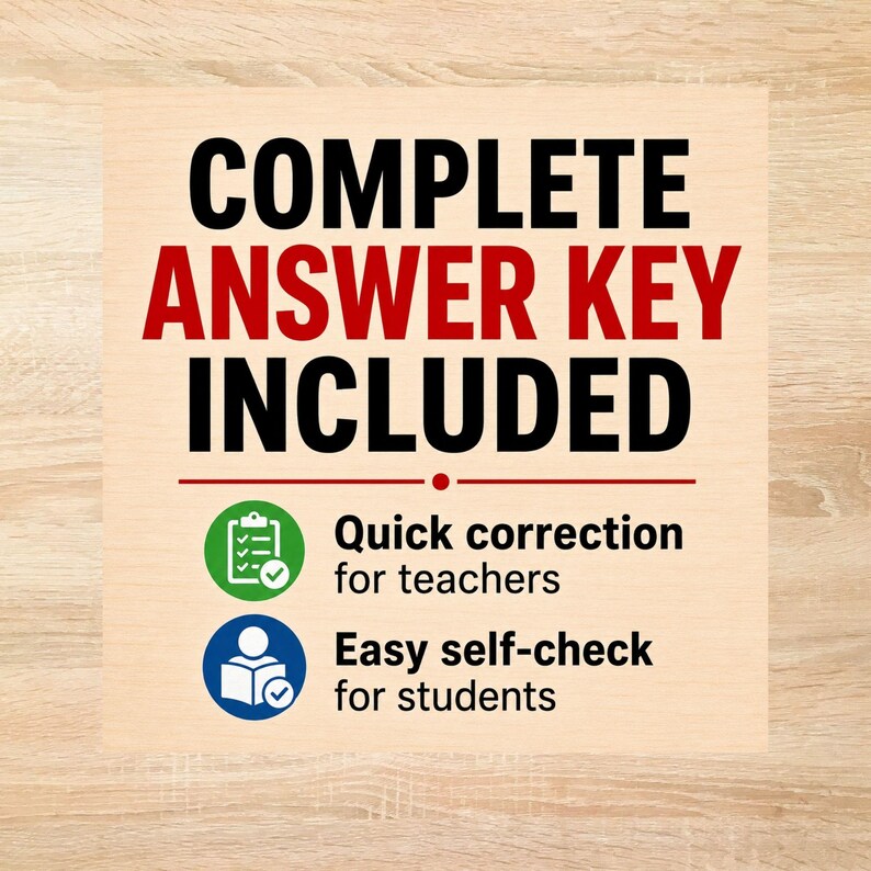 May include: A square sign with a light wood grain background featuring the black and red text COMPLETE ANSWER KEY INCLUDED. Below this, a green icon shows a clipboard with a checkmark for teachers, and a blue icon shows a person reading for students.