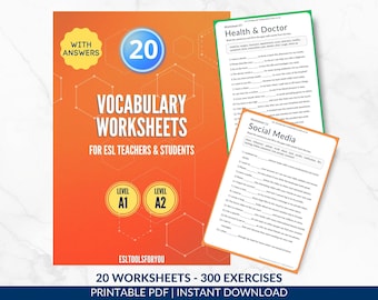 20 ESL Vocabulary Worksheets Bundle for Beginners A1-A2, ESL Teachers and Students, English Reasources, Classroom and Homeschooling (PDF)