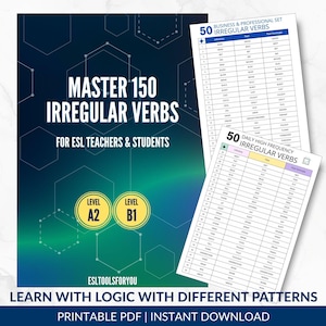May include: A dark blue educational poster titled MASTER 150 IRREGULAR VERBS FOR ESL TEACHERS & STUDENTS with A2 and B1 level circles. Two white charts display 50 Business & Professional and 50 Daily High Frequency irregular verbs in columns.