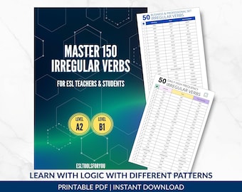 May include: A dark blue educational poster titled MASTER 150 IRREGULAR VERBS FOR ESL TEACHERS & STUDENTS with A2 and B1 level circles. Two white charts display 50 Business & Professional and 50 Daily High Frequency irregular verbs in columns.