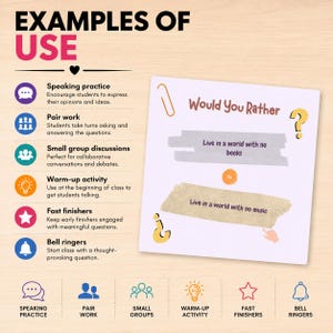 May include: An educational card featuring the text 'Would You Rather' with two options: 'Live in a world with no books' and 'Live in a world with no music'. The card includes a paperclip icon, question marks, and an orange 'or' circle on a white background.