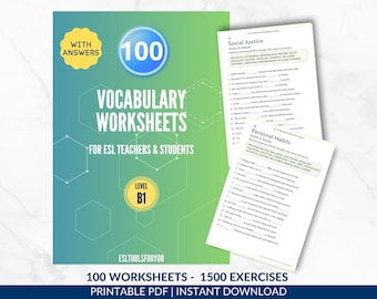 100 ESL Vocabulary Worksheets Bundle B1,ESL Teacher Resource | Intermediate Students,Homeschooling, Classroom, Self Studying, With Key (PDF)
