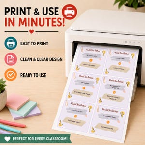 May include: A white printer outputting a sheet of paper with six Would You Rather game cards. Each card features two choices, question marks, and paperclip icons. Text on the image includes PRINT & USE IN MINUTES!, EASY TO PRINT, CLEAN & CLEAR DESIGN, READY TO USE, and PERFECT FOR EVERY CLASSROOM!.