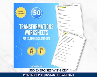 50 English Grammar Practice Worksheets B2-C1, Rephrasing Transformations Exercises, ESL Teachers, Homeschooling, Answer Key Included, PDF