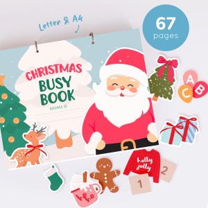 May include: A Christmas busy book with 67 pages, featuring a Santa Claus illustration, a reindeer, and a Christmas tree. The cover text reads Christmas Busy Book and Belongs To. Includes cutouts of a gingerbread man, gifts, and letters.