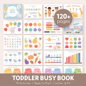 May include: A digital toddler busy book featuring 120+ pages of educational activities including alphabet matching, color sorting, shape recognition, weather charts, and counting exercises with colorful illustrations of animals, fruits, and vegetables.