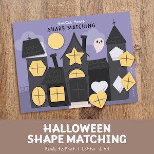May include: A Haunted House Shape Matching activity sheet featuring a purple background with a black house illustration, a yellow moon, and a white ghost. The sheet includes various yellow shape cutouts like a star, pentagon, diamond, and heart.