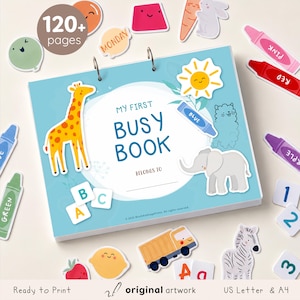 Könnte beinhalten: Ein hellblaues, spiralgebundenes Beschäftigungsbuch mit dem Titel My First Busy Book, das auf dem Einband Illustrationen einer Giraffe, eines Elefanten, einer Sonne und von Buntstiften zeigt. Das Buch ist von verschiedenen ausgeschnittenen Formen umgeben, darunter Zahlen, Buchstaben, Tiere und Buntstifte.