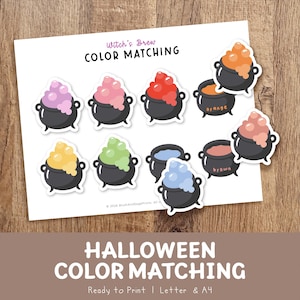 Op de afbeelding: Een Witch's Brew kleur-matching werkblad met zwarte ketels en bubbels in diverse kleuren zoals paars, roze, rood, oranje, geel, groen, blauw en bruin. De tekst op het blad luidt Witch's Brew COLOR MATCHING en Halloween COLOR MATCHING.