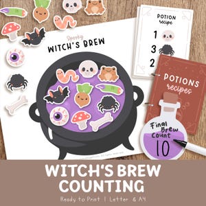Pode incluir: Uma folha de atividades imprimível intitulada Spooky Witch's Brew com um grande caldeirão preto cheio de líquido roxo e vários autocolantes de desenhos animados como um crânio, morcego, sapo, cogumelo e um globo ocular.