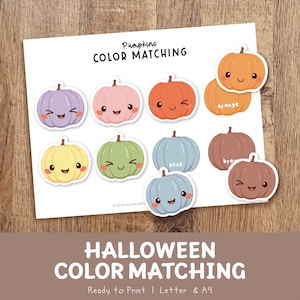 Może przedstawiać: Arkusz aktywności do druku zatytułowany Pumpkins COLOR MATCHING przedstawiający różne dynie z kreskówek w kolorach fioletowym, różowym, pomarańczowym, żółtym, zielonym, niebieskim i brązowym. Każda dynia ma uśmiechniętą buzię, a niektóre mają etykiety tekstowe.