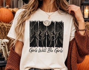 Mädchen bleiben Mädchen – Hexen-Shirt, Hexen-T-Shirt mit Grafik, Halloween-Shirt für Damen, Grusel-Shirt, Mondhexen-Shirt, Herbst-T-Shirt mit Grafik