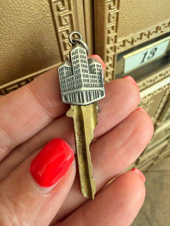 Vintage Sterling & Brass Skyscraper Key Pendant View 6