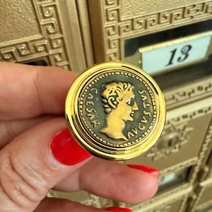 May include: A gold-toned coin-shaped knob with a profile of a person on a dark background. The knob is held in a hand with red nail polish. The background is a gold-colored surface with the number 13 visible.