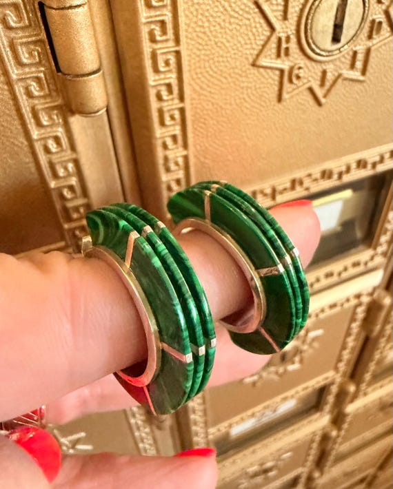 Vintage Sterling Malachite Hoop Earrings