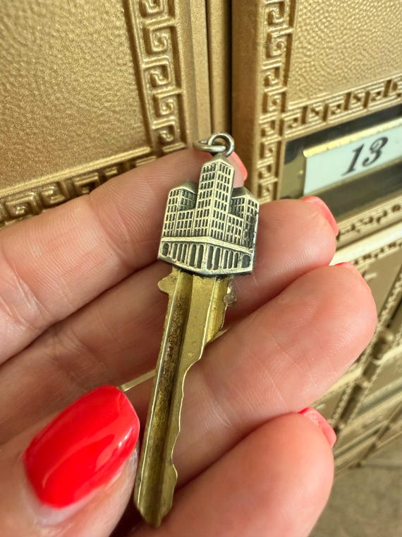 Vintage Sterling & Brass Skyscraper Key Pendant View 2