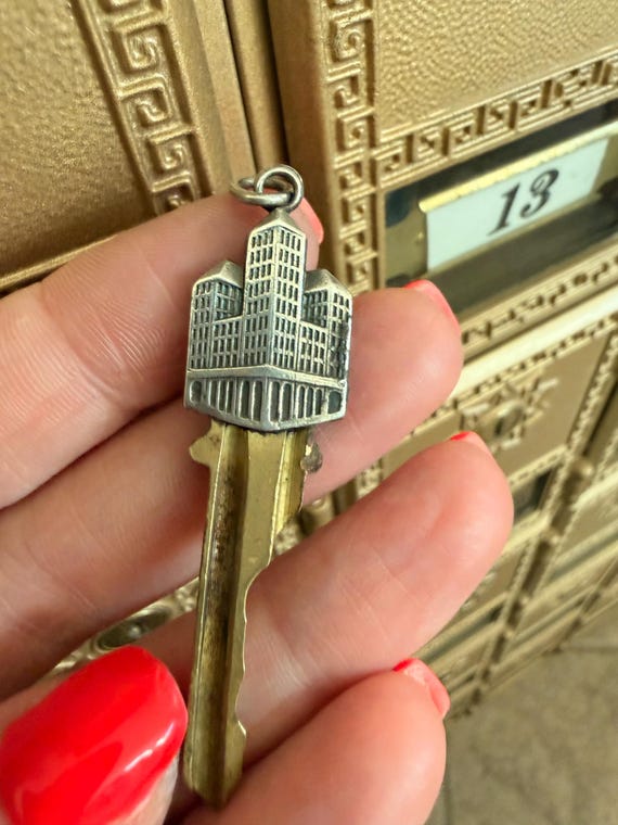 Vintage Sterling & Brass Skyscraper Key Pendant View 3