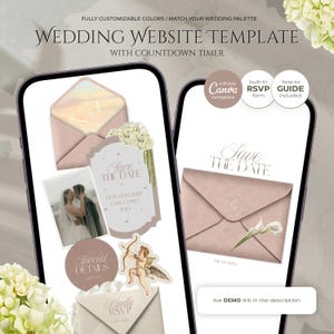 May include: A wedding website template displayed on two smartphones. The template features a soft pink color scheme with "Save the Date" graphics, an envelope design, and a countdown timer. Text includes "Wedding Website Template" and "Live Demo link in the description."