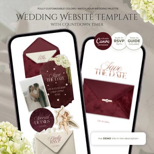 May include: Two smartphones showcasing a wedding website template. The design includes burgundy envelopes, a "Save the Date" card, and a photo of a couple. Text includes "Wedding Website Template" and "Live Demo link in the description."