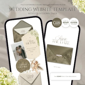 Puede incluir: Plantilla de sitio web de bodas mostrada en dos smartphones. El diseño presenta tarjetas 'Save the Date', fotos y gráficos de sobres. El texto incluye 'Wedding Website Template'. El diseño utiliza tonos neutros con acentos florales.