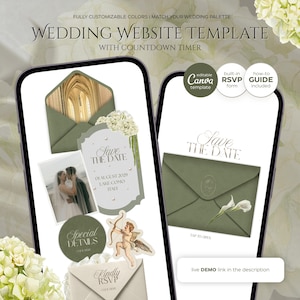 May include: Wedding website template displayed on two smartphones. The design features a green and white color scheme with floral accents. Text includes "Save the Date," "Special Details," and "Kindly RSVP." The template is customizable and includes a countdown timer.