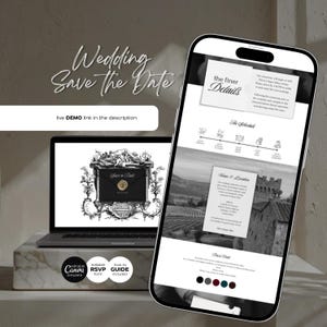 May include: A digital wedding Save the Date template displayed on a laptop and smartphone. The laptop shows a black and white design with an ornate envelope. The smartphone displays wedding details. Text includes "Wedding Save the Date" and "live DEMO link in the description."