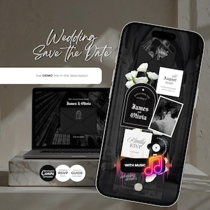 May include: A digital wedding invitation design with the text "Wedding Save the Date." The design includes a laptop and a smartphone displaying wedding details, including the names "James & Olivia" and RSVP information. The design includes a "live DEMO link in the description."