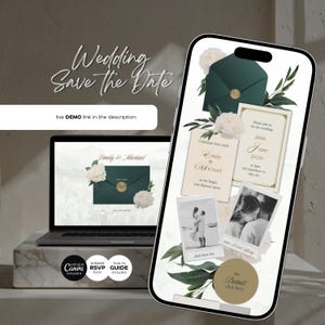 Klassische Smaragd Hochzeits-Website Vorlage für Canva + Antwortkarte • Bearbeitbare Hochzeitseinladungs-Webseite • Save the Date Website • Digitaler Download