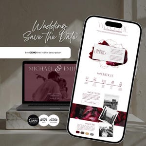 Puede incluir: Un portátil y un smartphone que muestran un diseño de sitio web de boda. La pantalla del portátil muestra una foto de una pareja con los nombres "Michael & Emil" y la fecha "26.06.2026". El smartphone muestra detalles del sitio web. El texto incluye "Wedding Save the Date".