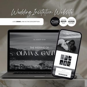 May include: A laptop and smartphone showcase a wedding invitation website design. The laptop displays the text "THE WEDDING OF OLIVIA & GABR" and "BARCELONA, SPAIN". The smartphone shows a wedding photo and website elements. The image includes the text "Wedding Invitation Website".
