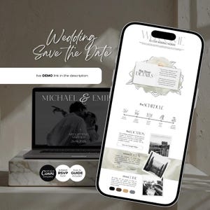 Może przedstawiać: Cyfrowy projekt zaproszenia ślubnego wyświetlany na laptopie i smartfonie. Ekran laptopa pokazuje zdjęcie pary z imionami "Michael & Emil" i datą "26.06.2026". Smartfon wyświetla szczegóły ślubu.