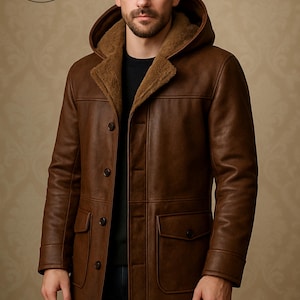 May include: A brown leather coat with a hood and a shearling lining. The coat has a button-up front, two front pockets, and the "PLANIO LEATHER" logo in a circle at the top left. The coat is knee-length.