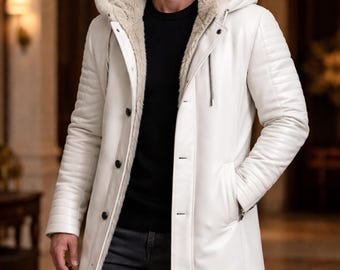 Herrenparka aus weißem Echtleder mit Kapuze | Mantel mit Kunstpelzfutter