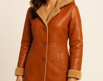 Orange Leather Hooded Coat - Women's Faux Fur Lined Winter Jacket