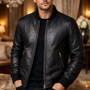 Schwarze Herren-Bomberjacke aus Echtleder, Reißverschluss, schmal geschnittene Bikerjacke, hochwertiger Echtledermantel, stylische Winterjacke Bild 1