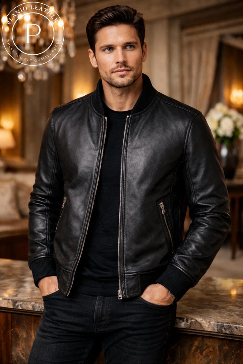 Schwarze Herren-Bomberjacke aus Echtleder, Reißverschluss, schmal geschnittene Bikerjacke, hochwertiger Echtledermantel, stylische Winterjacke Bild 1